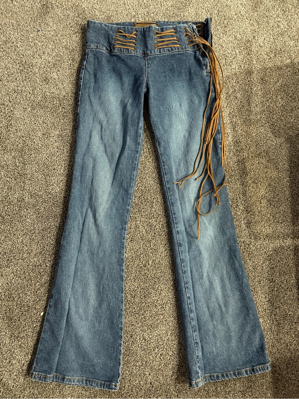 Y2K Vintage lei Lace-Up High-Waist Flare Jeans in Blue with Tan Laces
